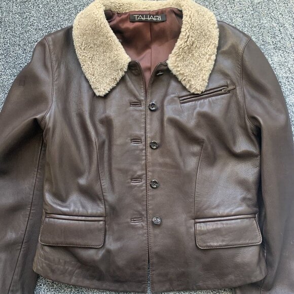 Tahari Shearling Aviator Jacket Women Size S-M Brown Genuine Leather & Lamb‎ Fur - Picture 6 of 11
